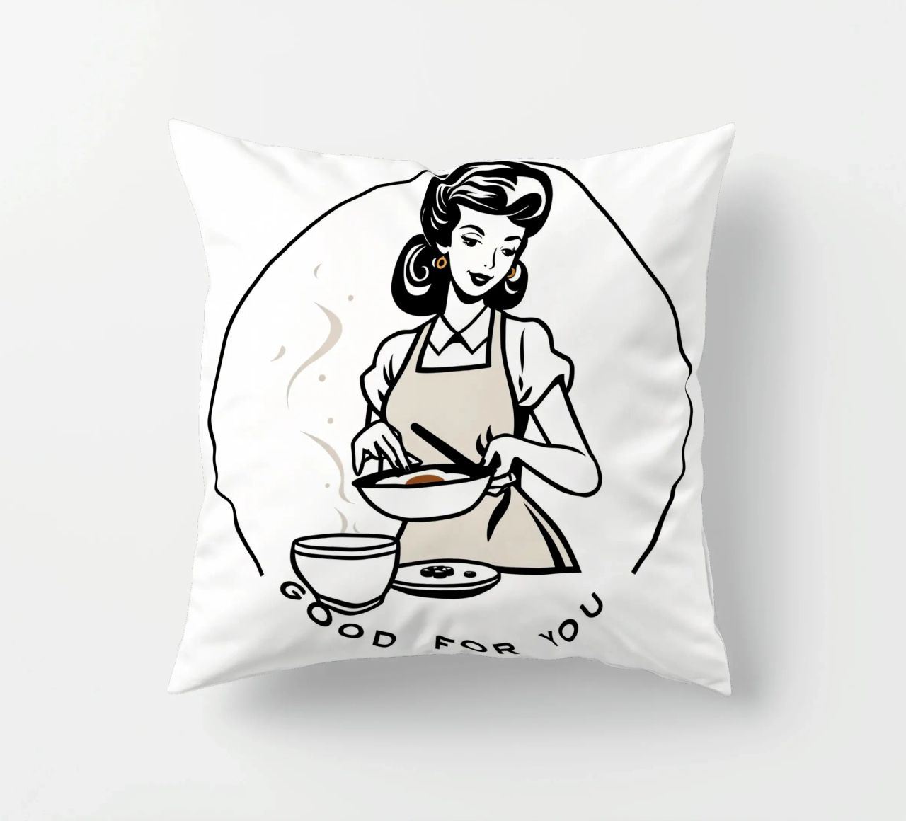 A woman in an apron prepares a meal while smiling decorative cushion by DesignDoodle