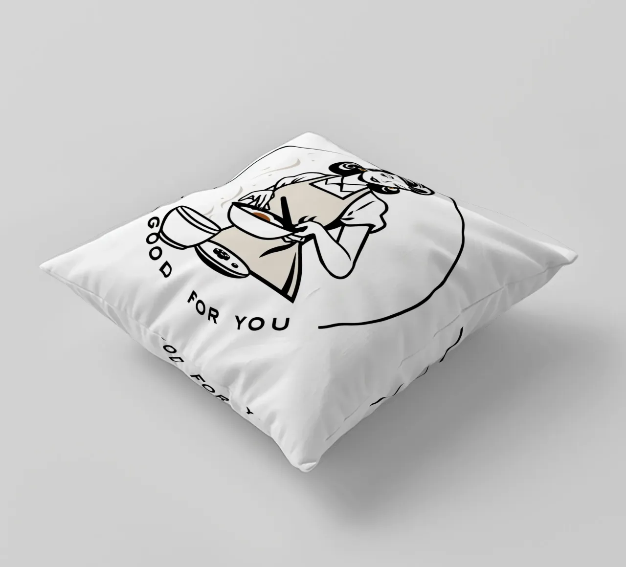 Una donna con un grembiule prepara un pasto sorridendo cuscino da DesignDoodle