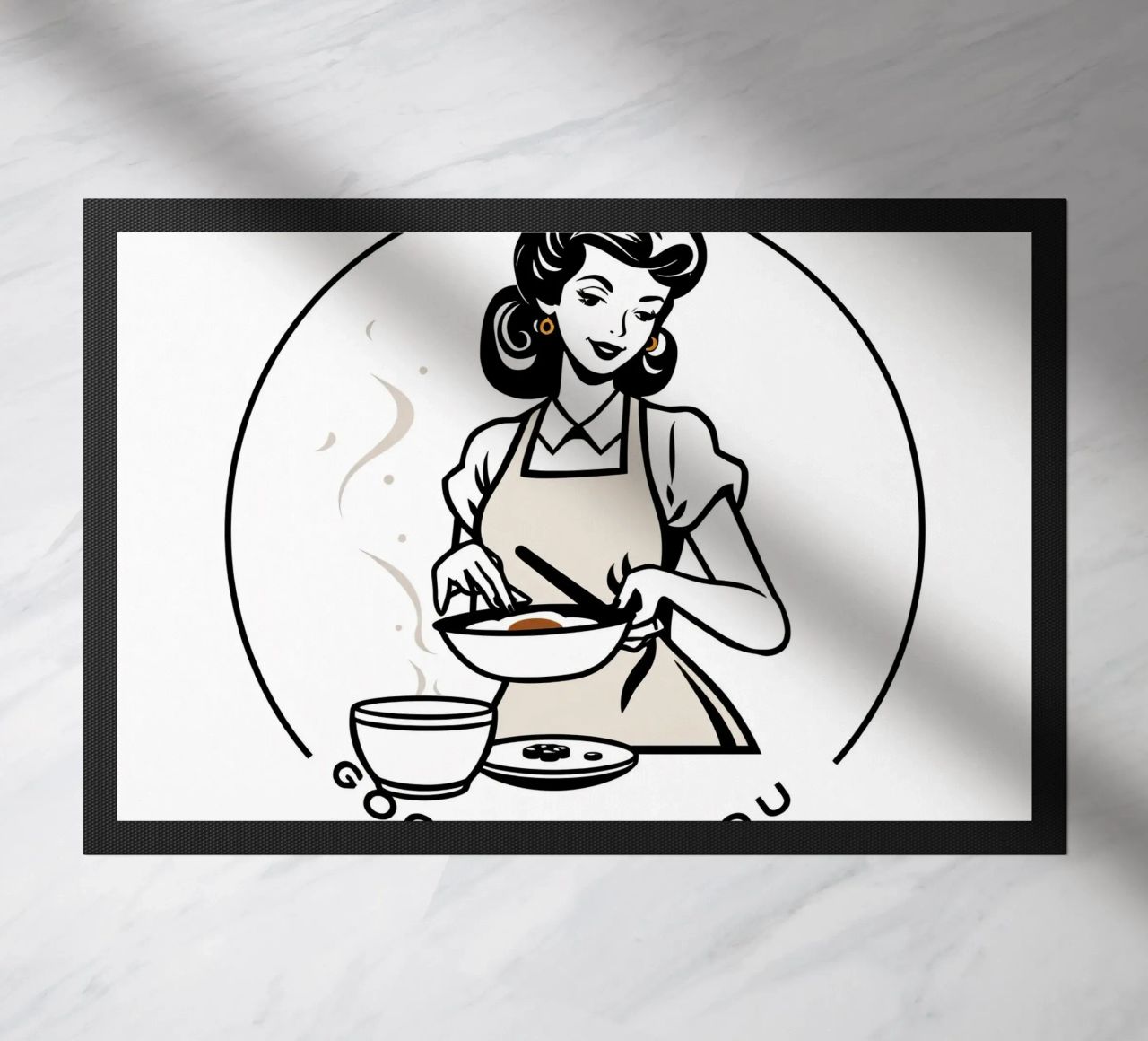 A woman in an apron prepares a meal while smiling doormat by DesignDoodle