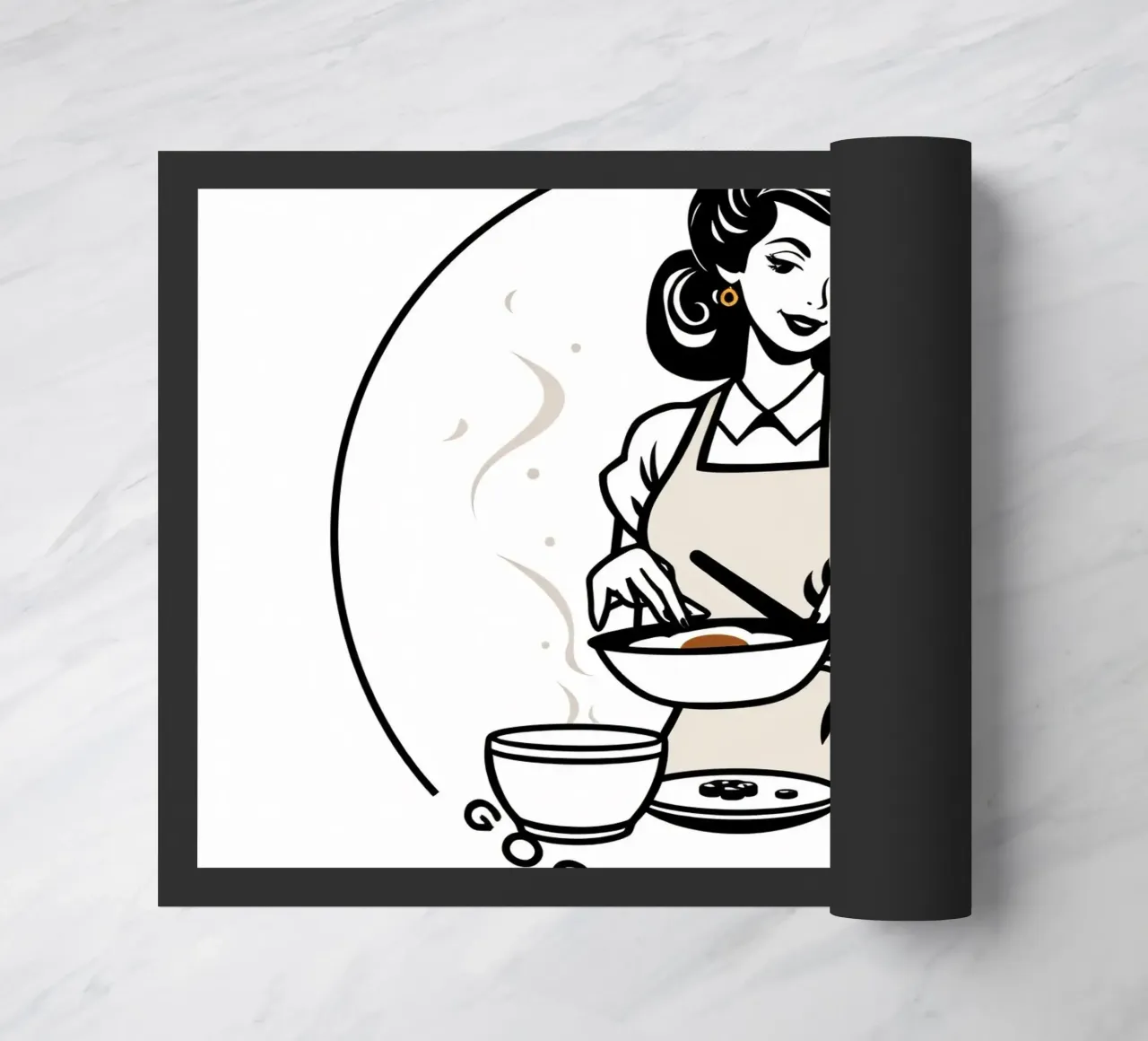 Una donna con un grembiule prepara un pasto sorridendo zerbino da DesignDoodle
