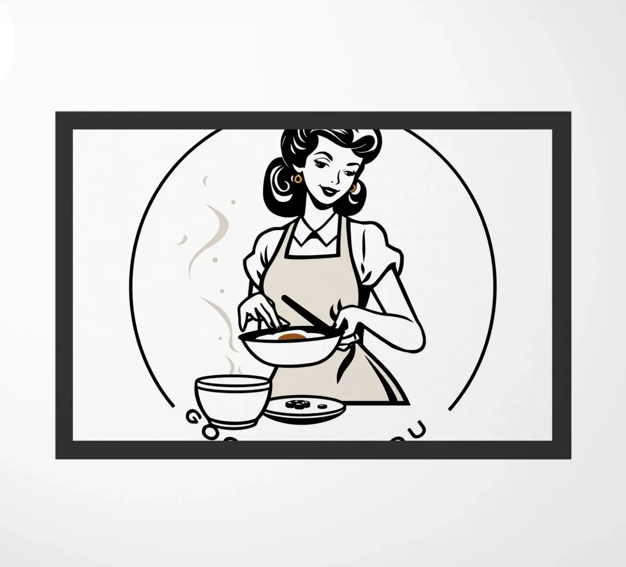 Una donna con un grembiule prepara un pasto sorridendo zerbino da DesignDoodle