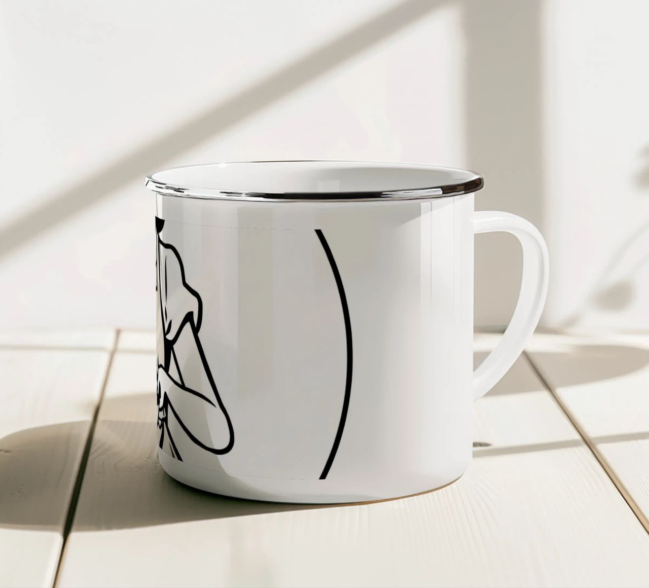 A woman in an apron prepares a meal while smiling enamel mug by DesignDoodle