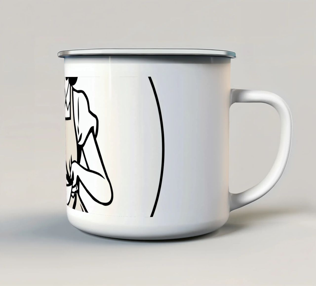 A woman in an apron prepares a meal while smiling enamel mug by DesignDoodle