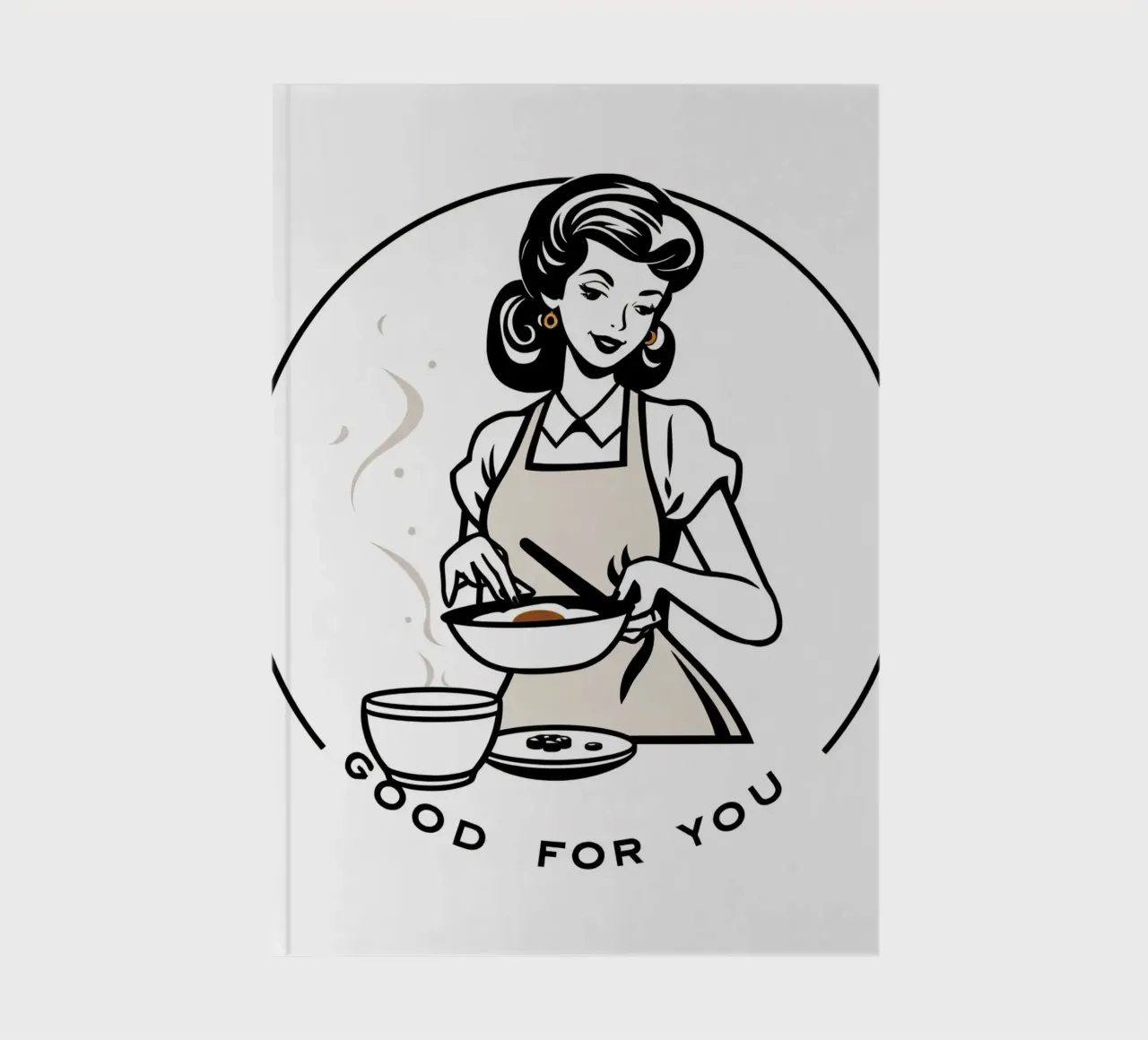 Eine Frau in einer Schürze bereitet lächelnd eine Mahlzeit zu Notizbuch von DesignDoodle