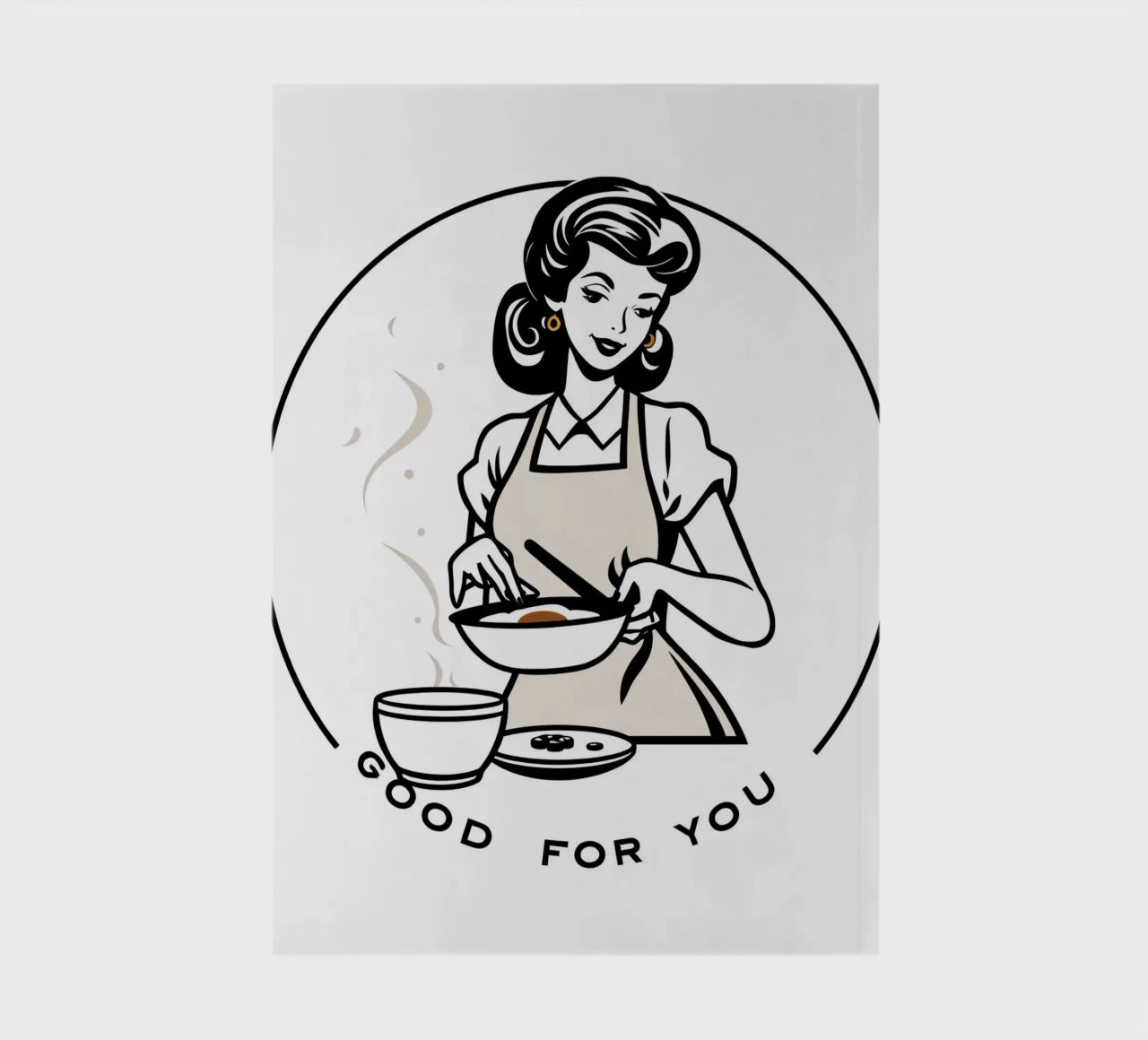 A woman in an apron prepares a meal while smiling notebook by DesignDoodle