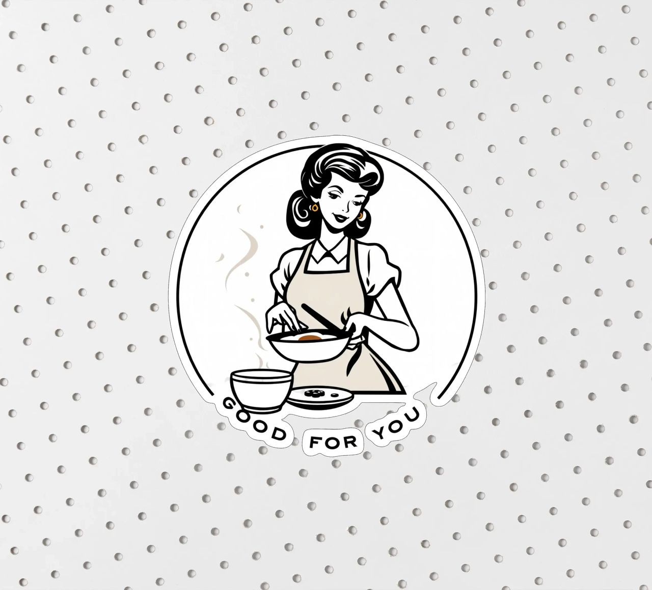 A woman in an apron prepares a meal while smiling sticker by DesignDoodle