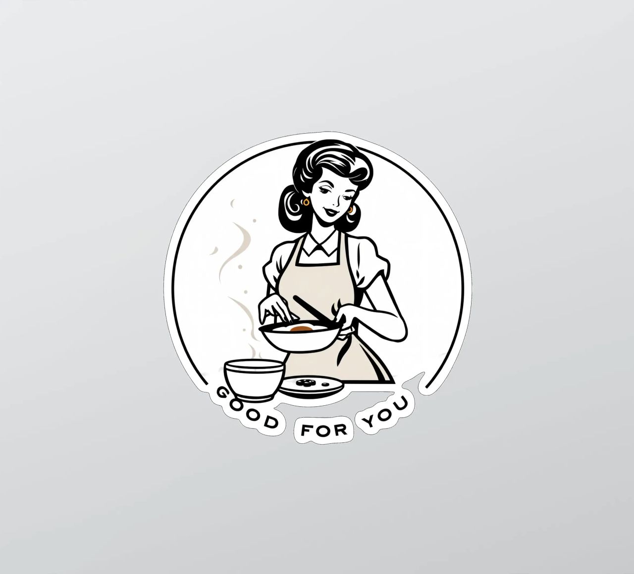 A woman in an apron prepares a meal while smiling sticker by DesignDoodle