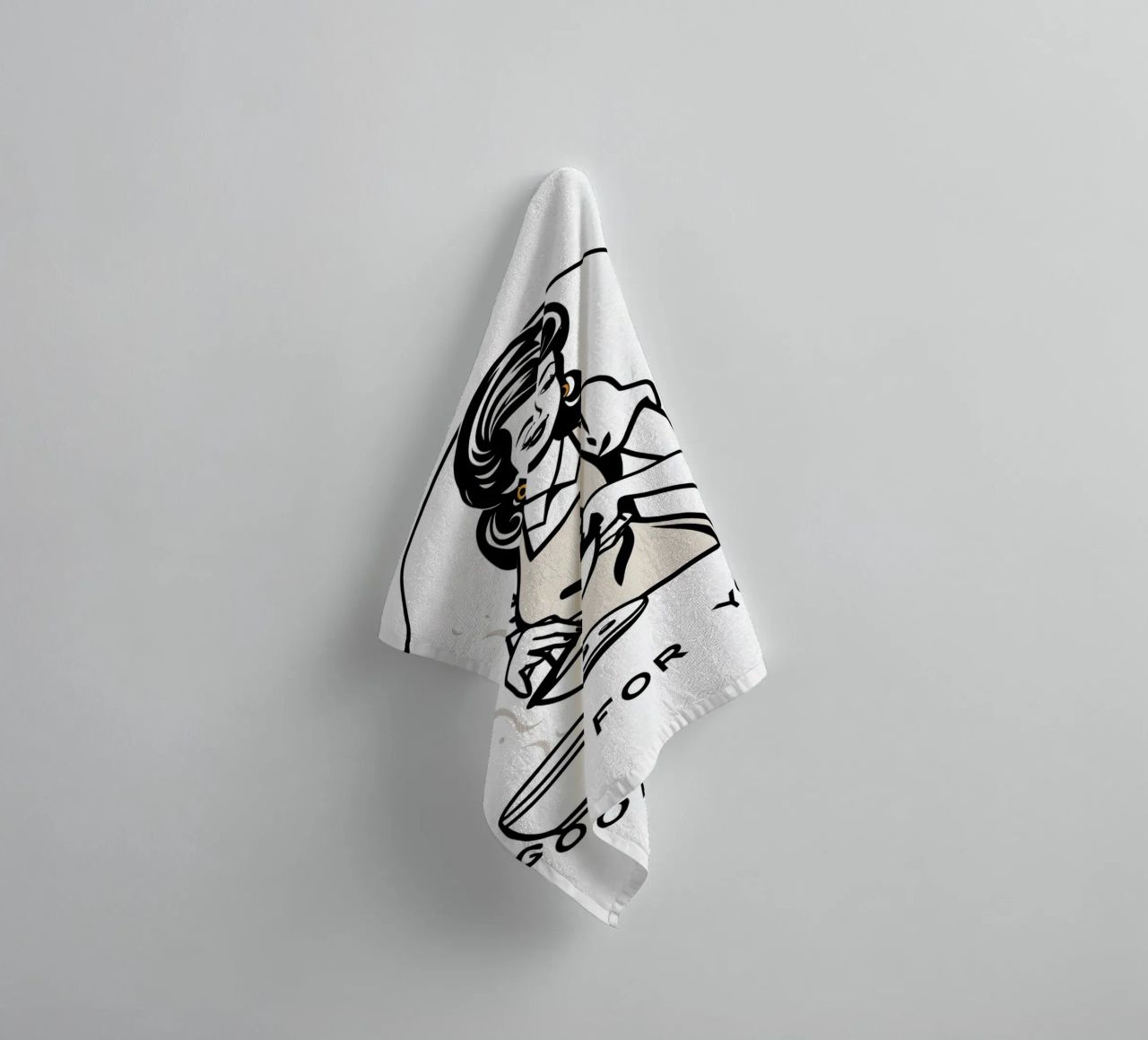 A woman in an apron prepares a meal while smiling towel by DesignDoodle