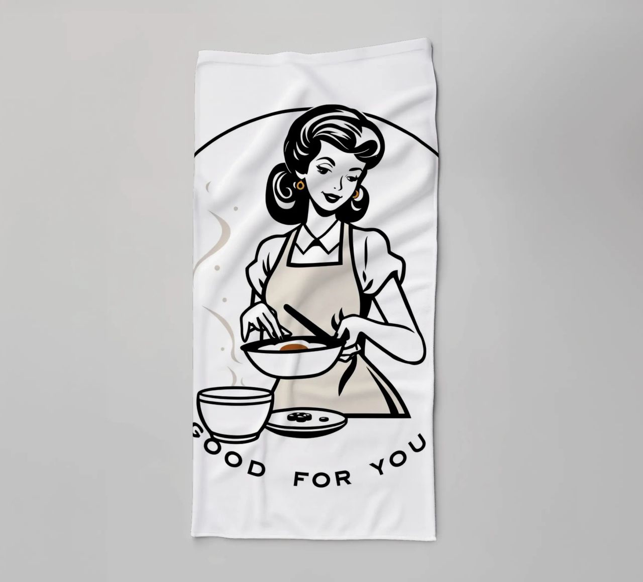 A woman in an apron prepares a meal while smiling towel by DesignDoodle