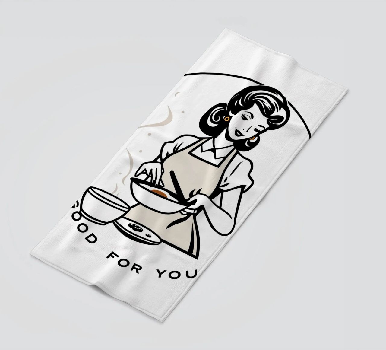 A woman in an apron prepares a meal while smiling beach towel by DesignDoodle