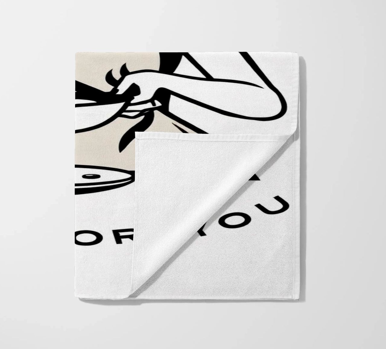 A woman in an apron prepares a meal while smiling beach towel by DesignDoodle