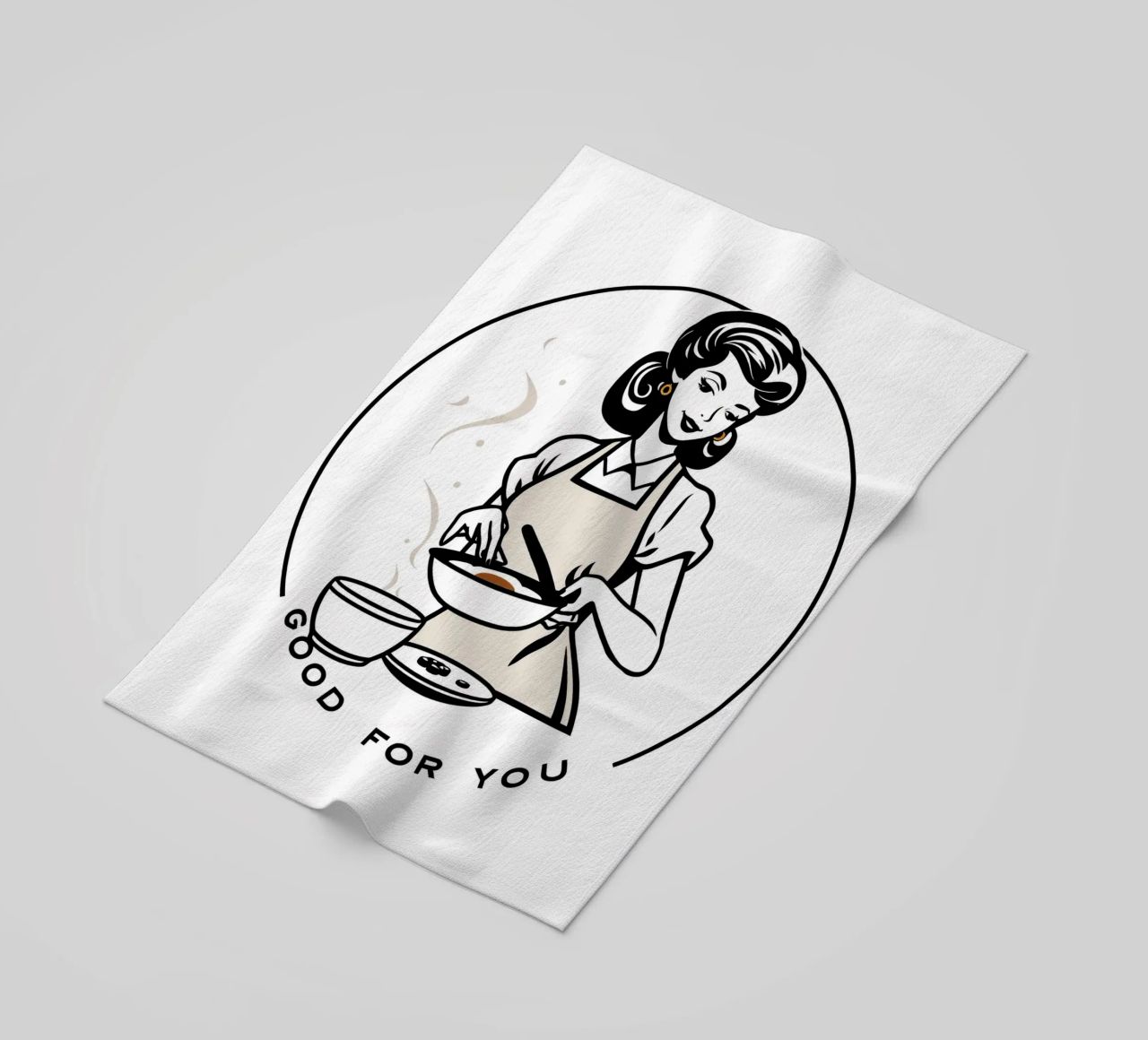 A woman in an apron prepares a meal while smiling beach towel by DesignDoodle