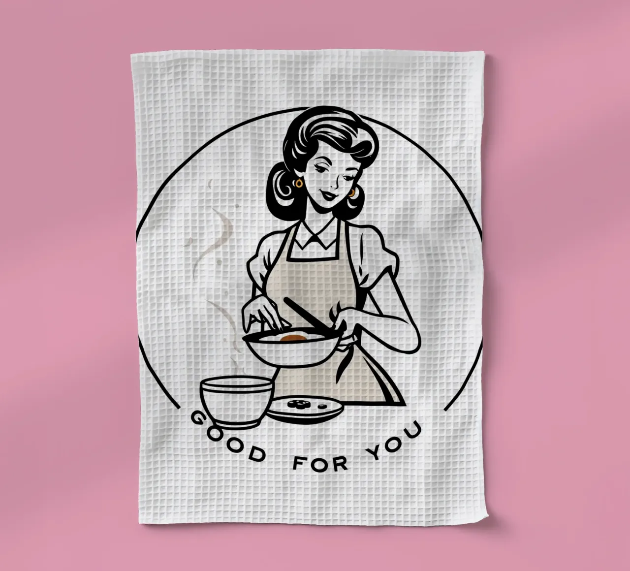 Una donna con un grembiule prepara un pasto sorridendo canovaccio da cucina da DesignDoodle