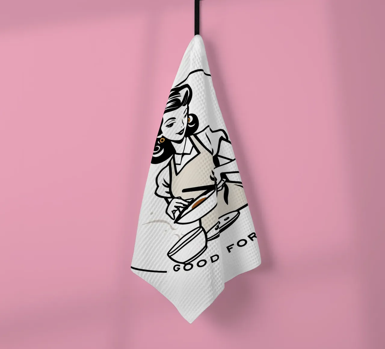 Una donna con un grembiule prepara un pasto sorridendo canovaccio da cucina da DesignDoodle