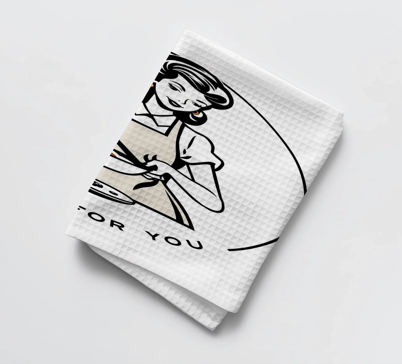 A woman in an apron prepares a meal while smiling tea towel by DesignDoodle