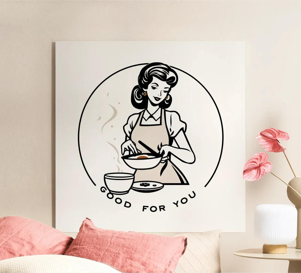 Una donna con un grembiule prepara un pasto sorridendo plexiglass da DesignDoodle