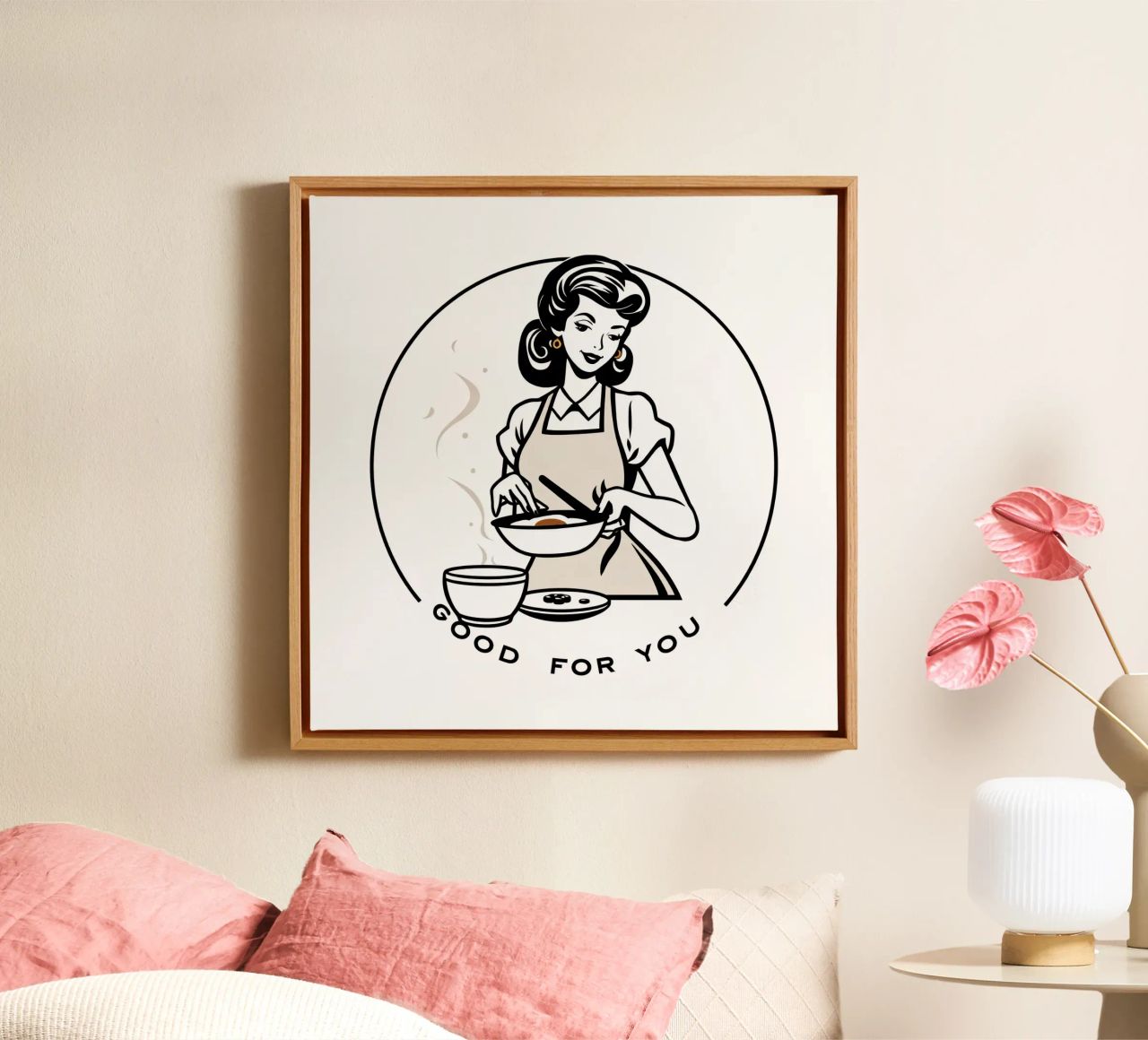 A woman in an apron prepares a meal while smiling canvas by DesignDoodle