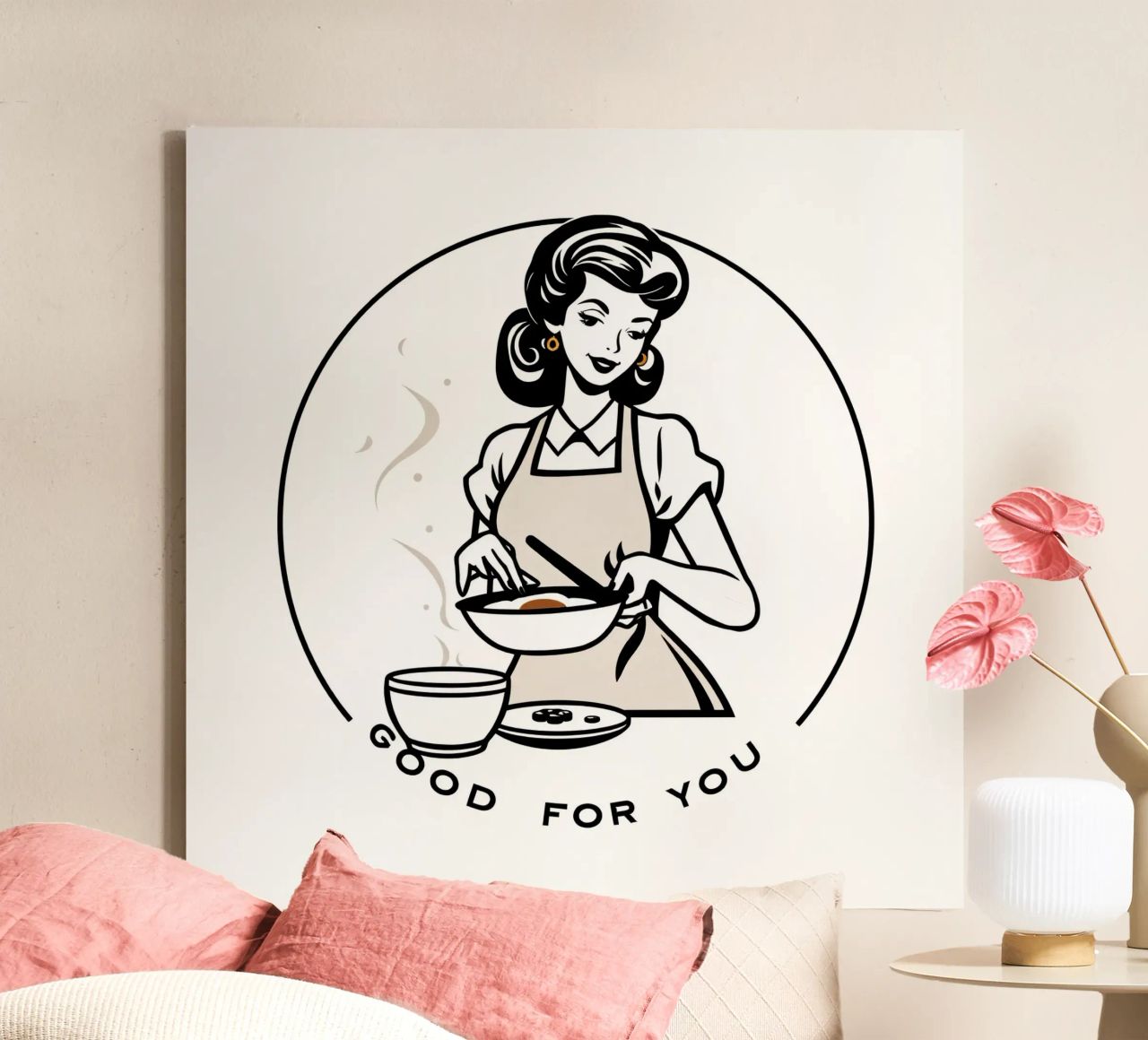 A woman in an apron prepares a meal while smiling canvas by DesignDoodle