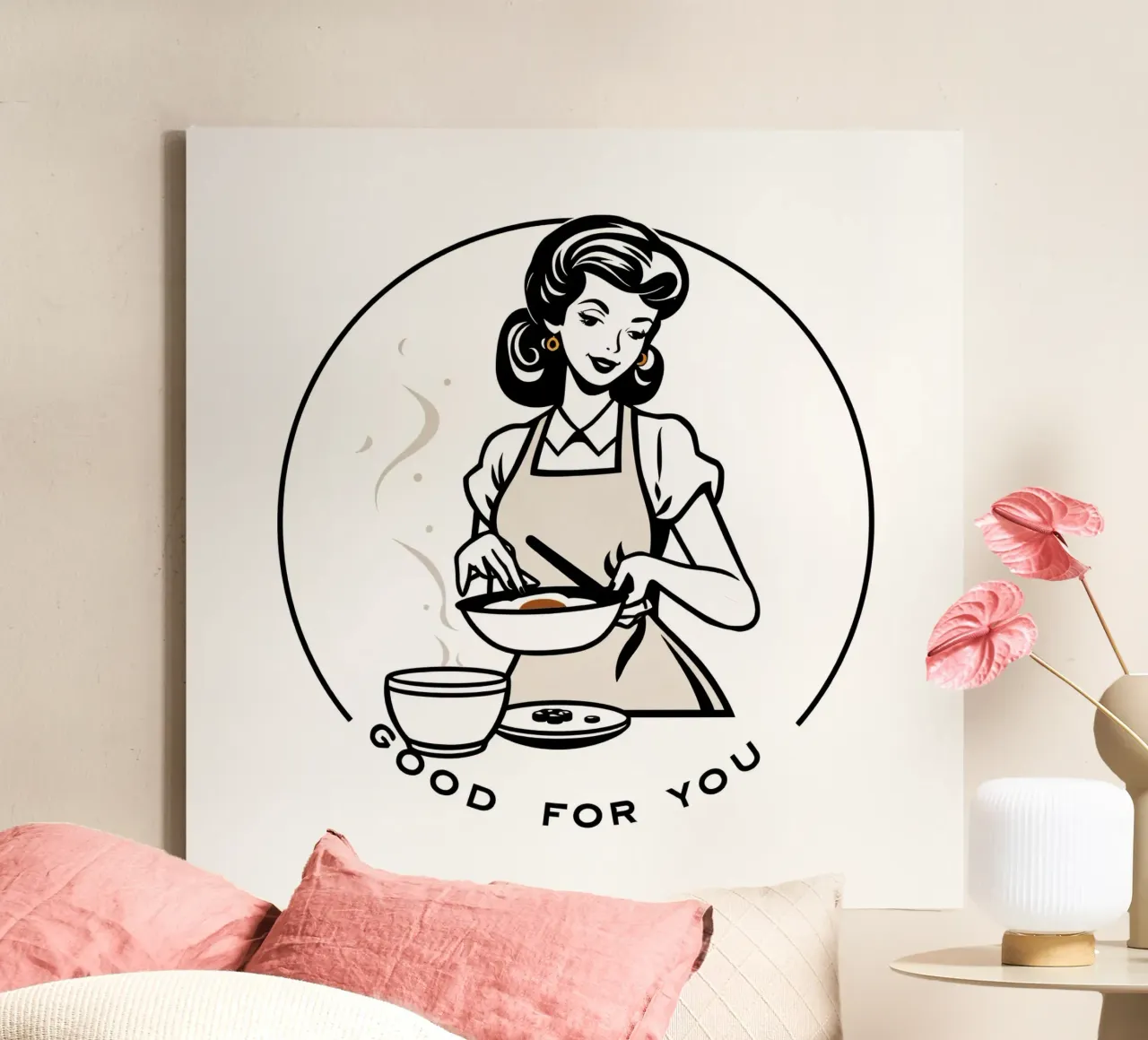 Una donna con un grembiule prepara un pasto sorridendo tela da DesignDoodle