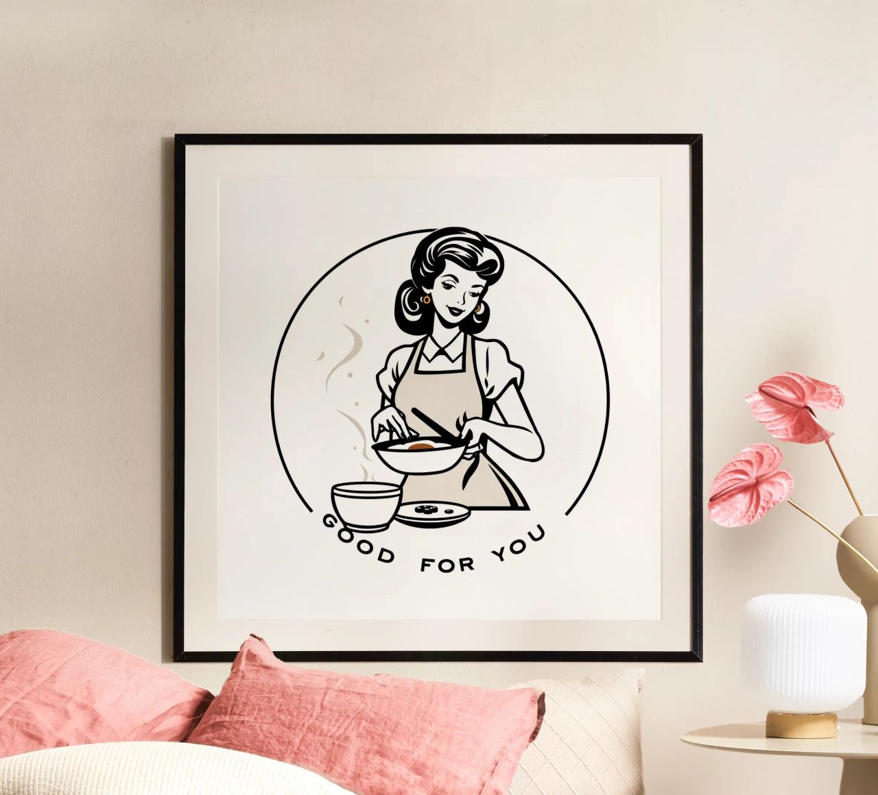 A woman in an apron prepares a meal while smiling hahnemühle by DesignDoodle