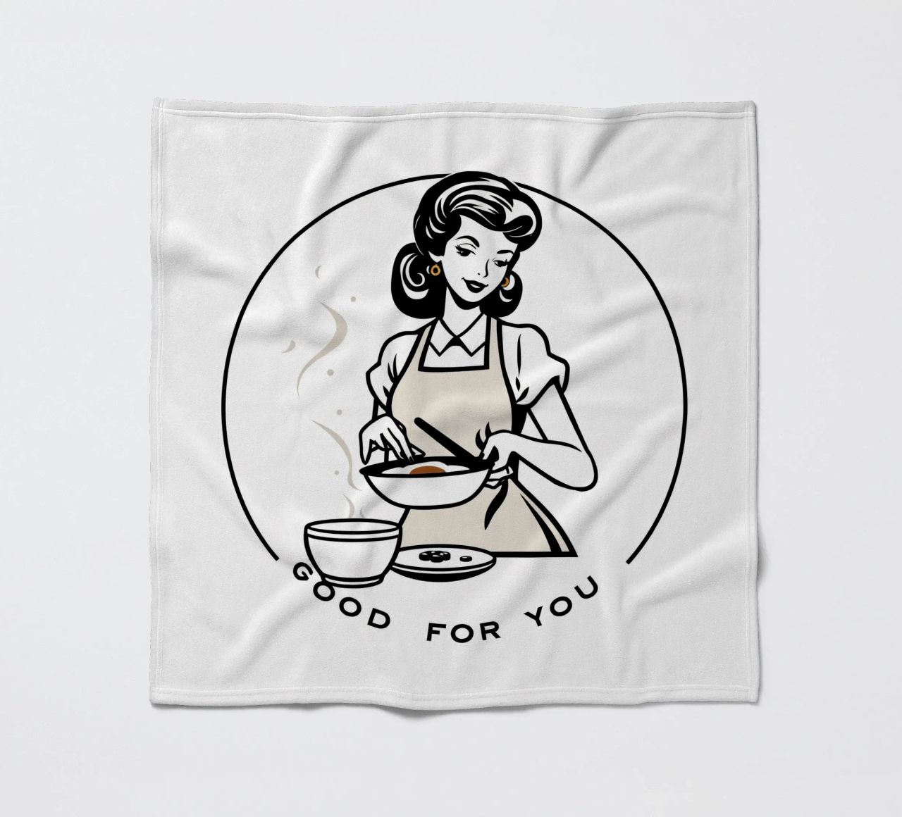 A woman in an apron prepares a meal while smiling fleece blanket by DesignDoodle