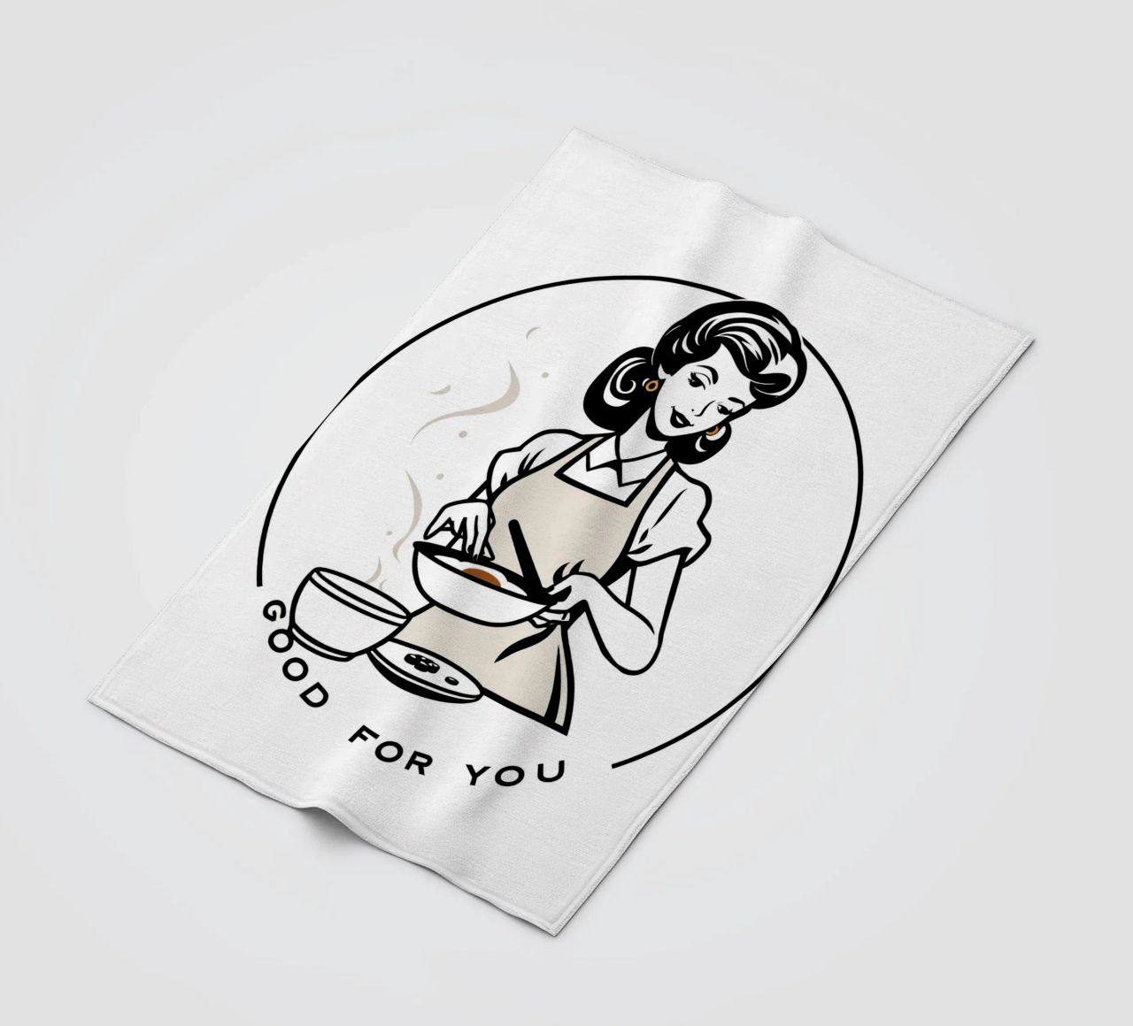 A woman in an apron prepares a meal while smiling fleece blanket by DesignDoodle