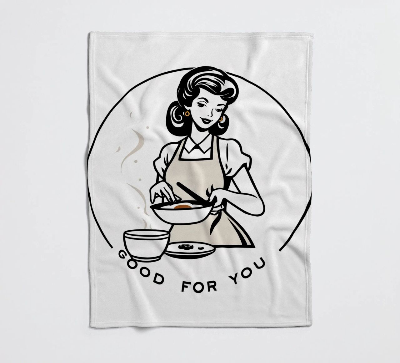 A woman in an apron prepares a meal while smiling fleece blanket by DesignDoodle