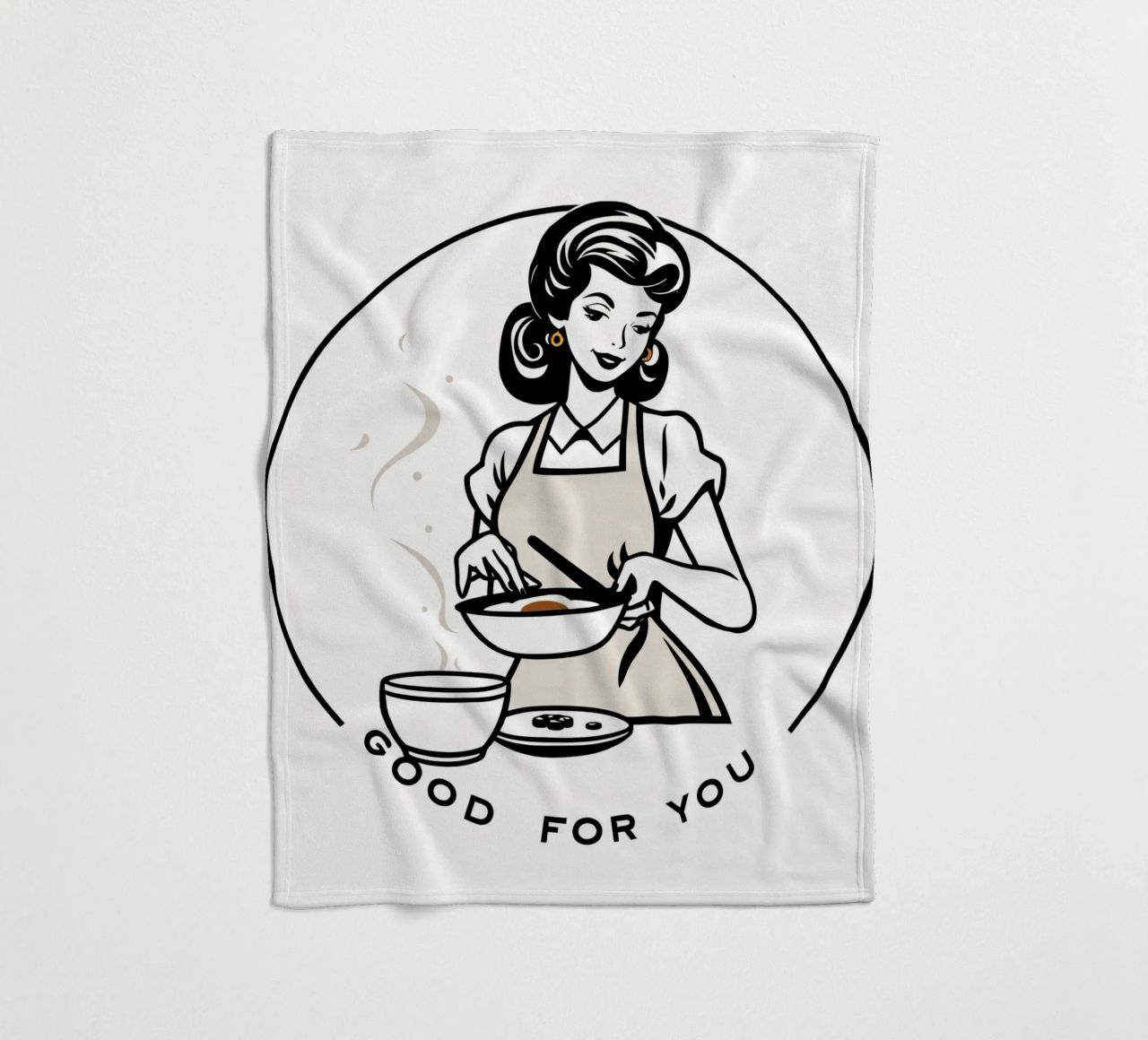 A woman in an apron prepares a meal while smiling fleece blanket by DesignDoodle
