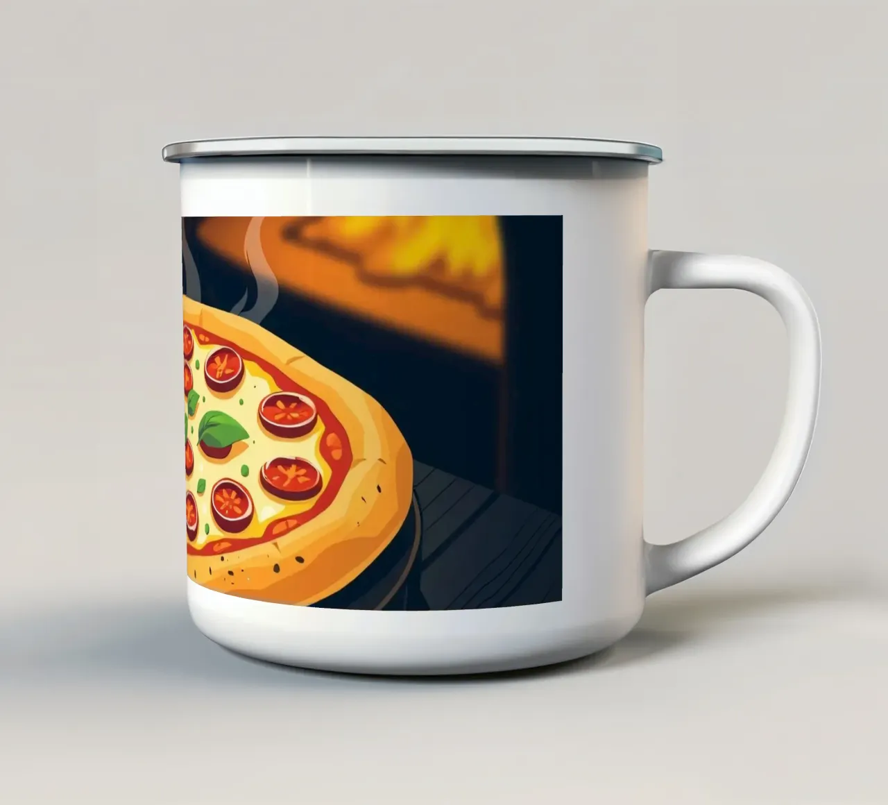 Una deliziosa pizza al salame piccante appoggiata su un tavolo di legno tazza in smalto da DesignDoodle