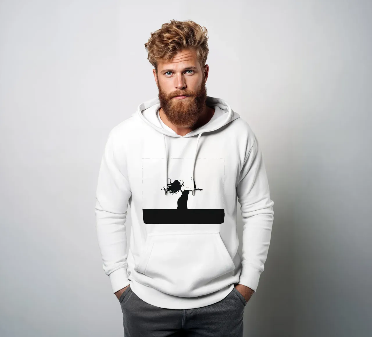 Una donna con i capelli fluenti danza con grazia contro una minima felpa con cappuccio da DesignDoodle
