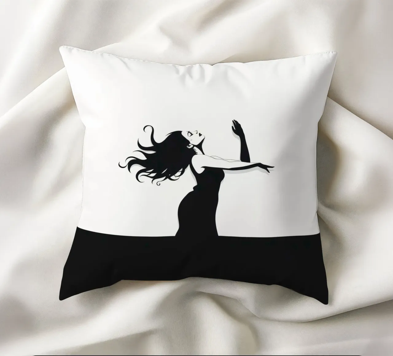 Una donna con i capelli fluenti danza con grazia contro una minima cuscino da DesignDoodle