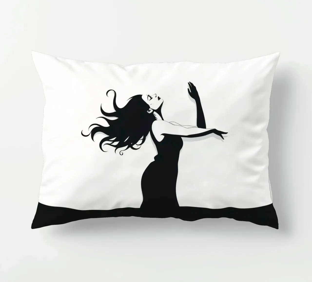 Una donna con i capelli fluenti danza con grazia contro una minima cuscino da DesignDoodle