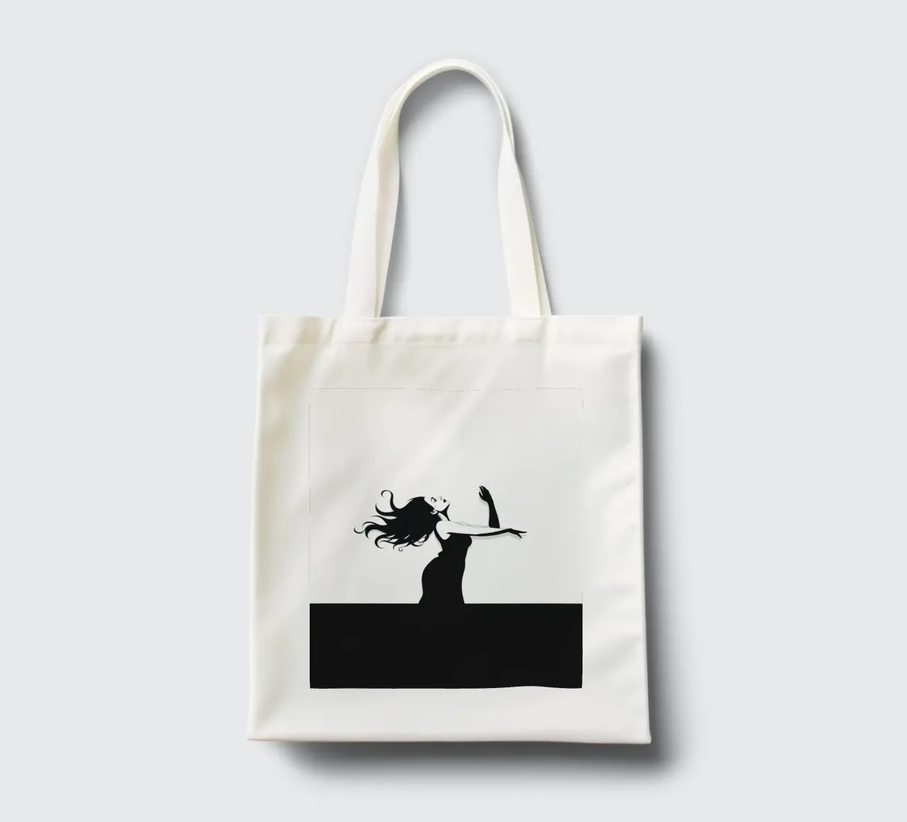 Una donna con i capelli fluenti danza con grazia contro una minima borsa in juta da DesignDoodle