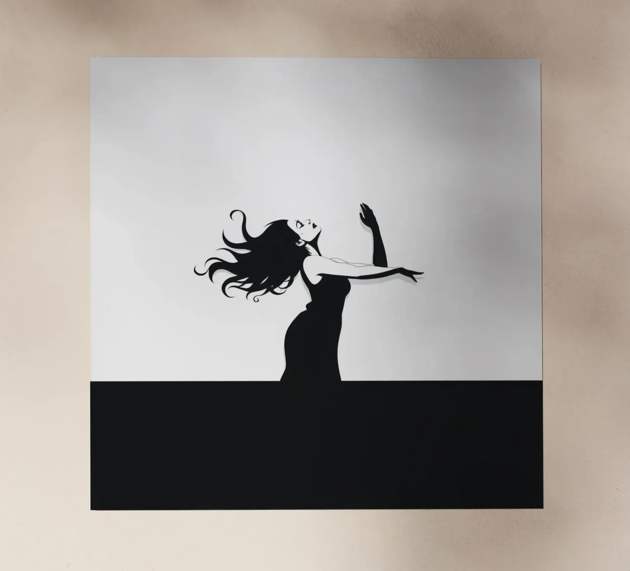 Una donna con i capelli fluenti danza con grazia contro una minima pellicola backlit da DesignDoodle