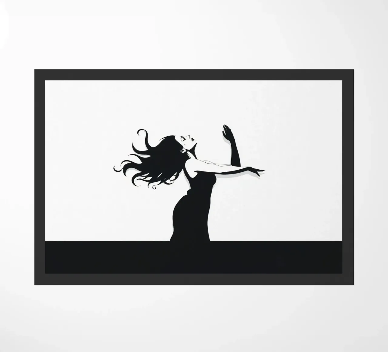 Una donna con i capelli fluenti danza con grazia contro una minima zerbino da DesignDoodle