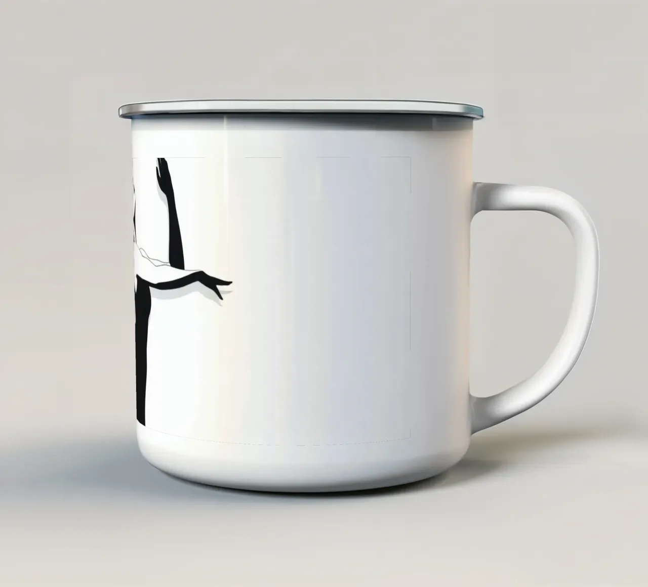 Una donna con i capelli fluenti danza con grazia contro una minima tazza in smalto da DesignDoodle