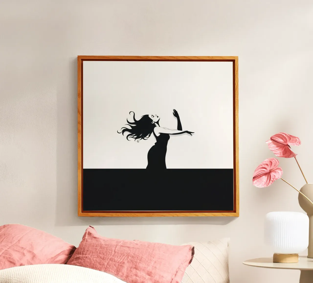 Una donna con i capelli fluenti danza con grazia contro una minima plexiglass da DesignDoodle