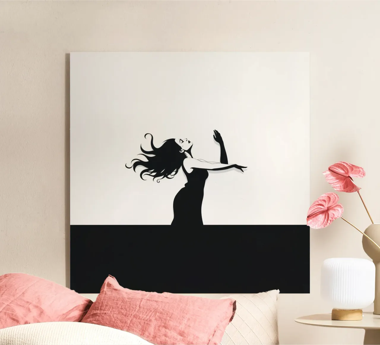 Una donna con i capelli fluenti danza con grazia contro una minima plexiglass da DesignDoodle