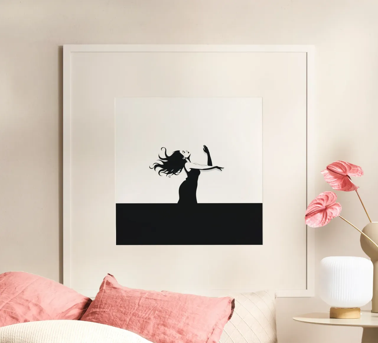 Una donna con i capelli fluenti danza con grazia contro una minima carta hahnemühle da DesignDoodle