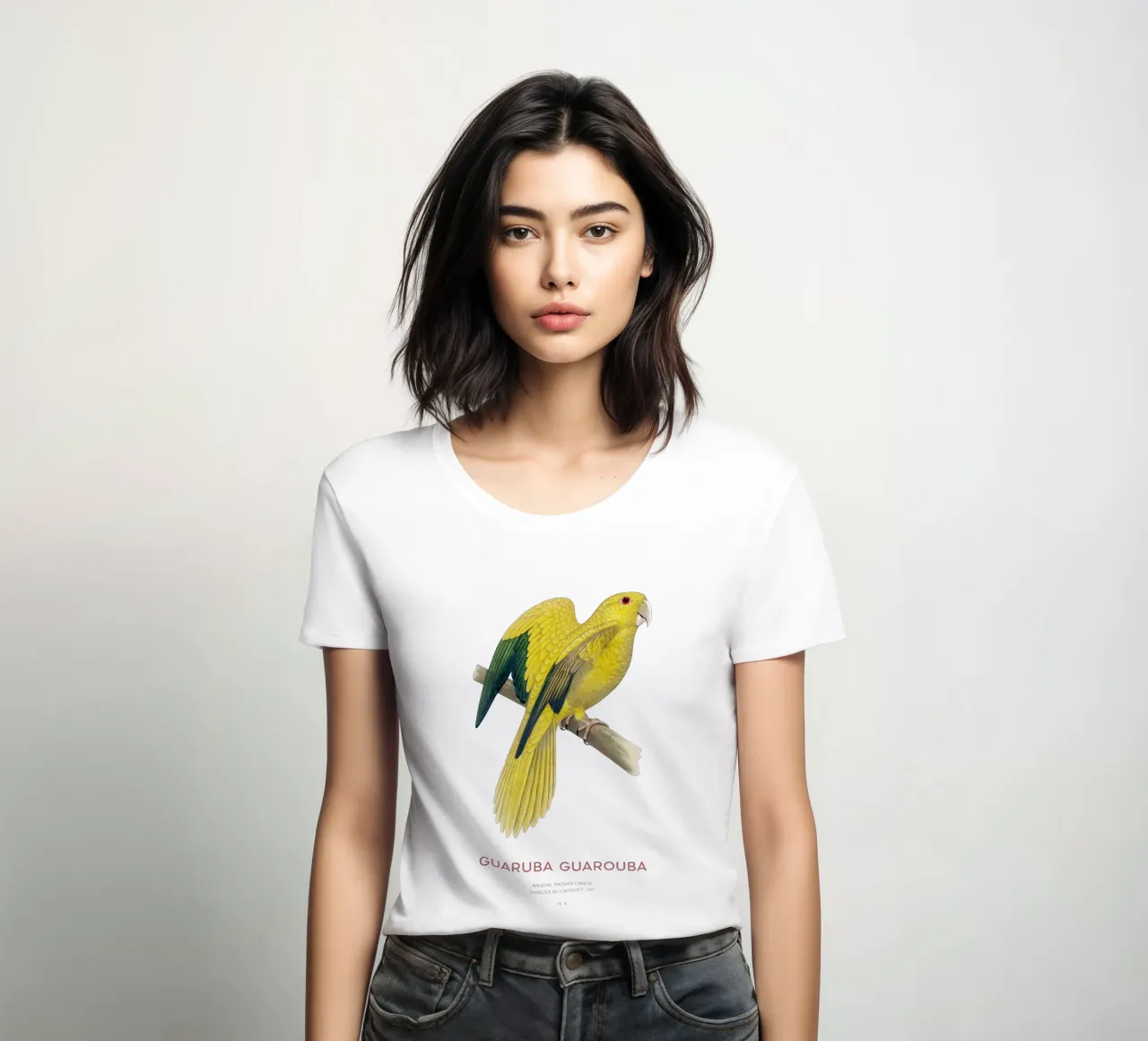 Golden parakeet or Guaruba guarouba women's fitted t-shirt by Vintagrafica