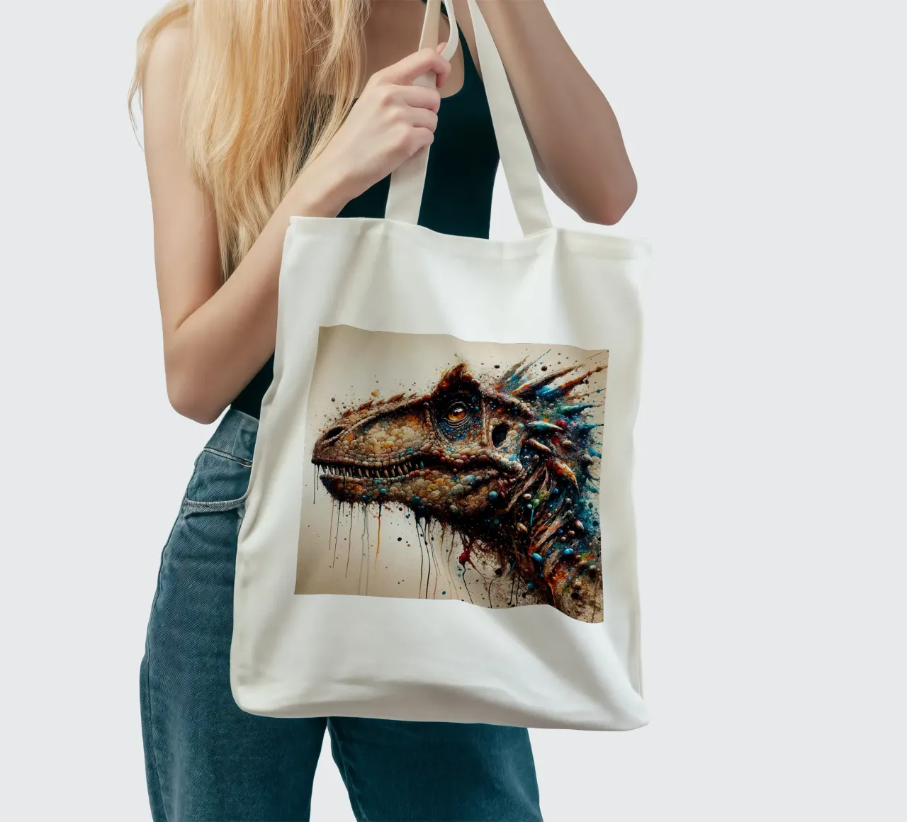 Powerful Dinosaur tote bag by Chromatic Fusion Studio