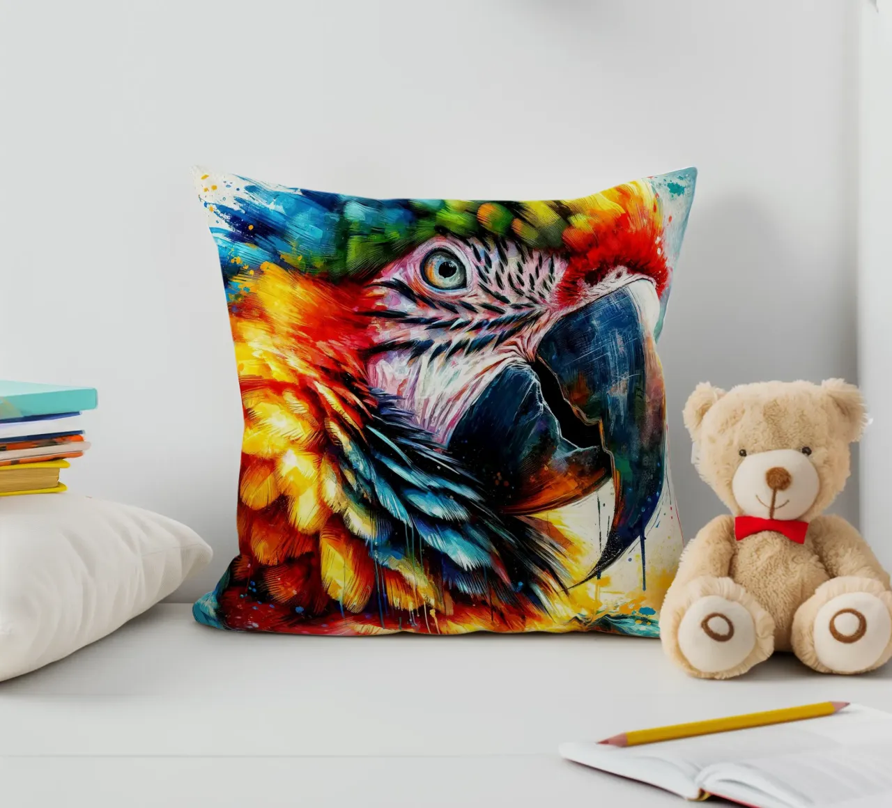 Pappagallo colorato cuscino da Chromatic Fusion Studio
