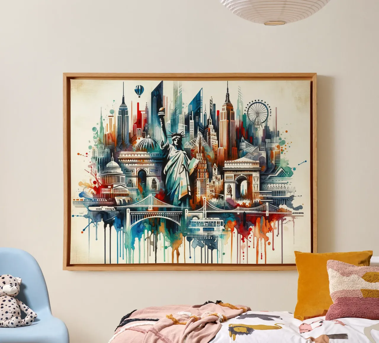 Abstract Watercolor New York canvas with Floater frame by Chromatic Fusion Studio