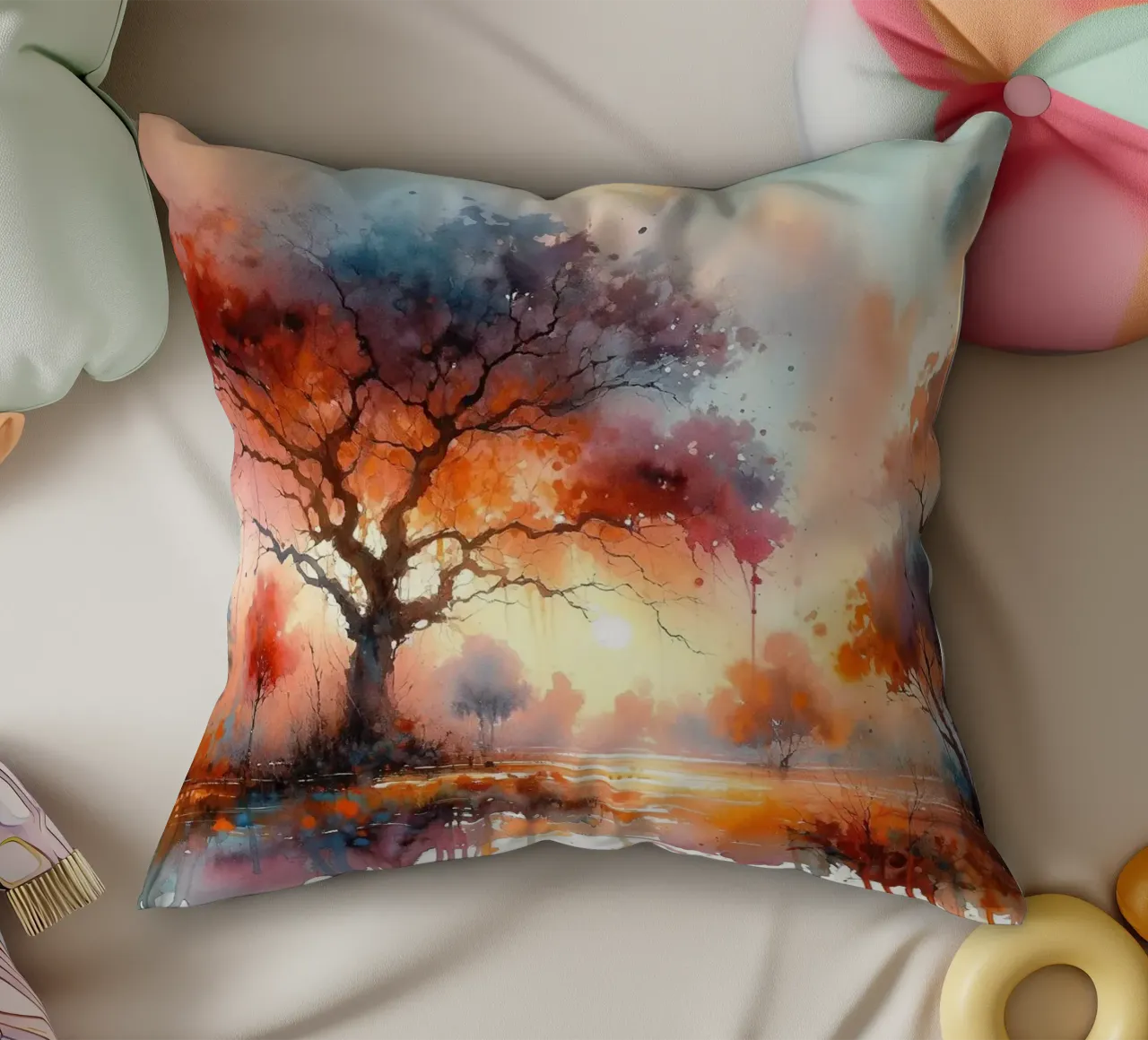 Autumn's Fiery Canopy at Dusk decorative cushion by Chromatic Fusion Studio