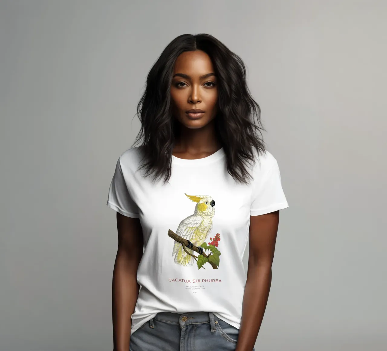 Yellow-crested cockatoo or Cacatua sulphurea women's fitted t-shirt by Vintagrafica