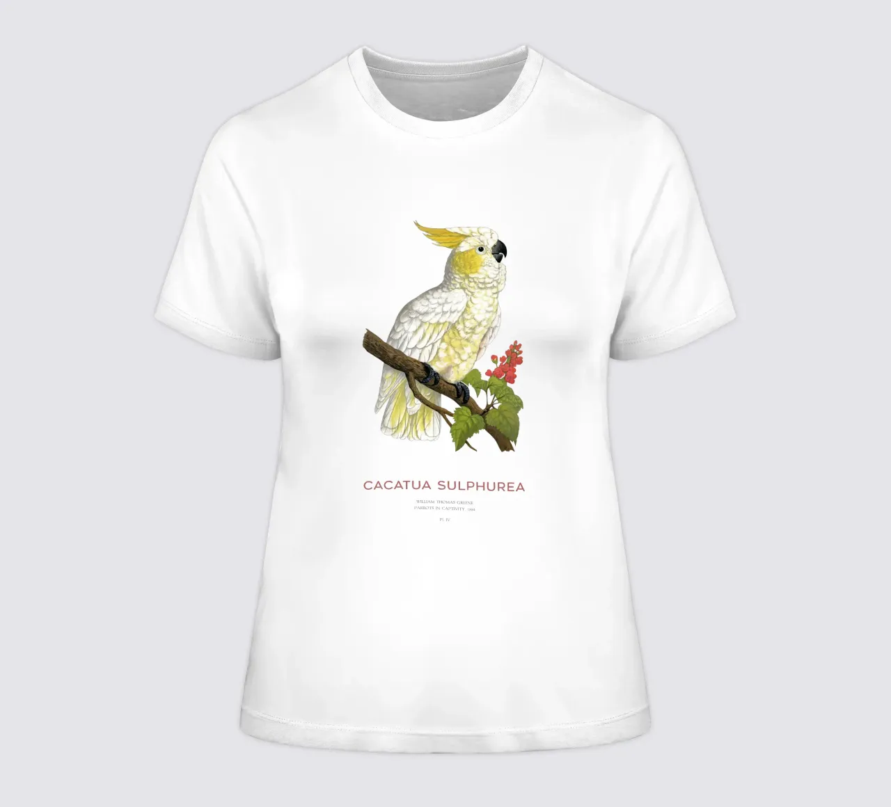 Yellow-crested cockatoo or Cacatua sulphurea women's fitted t-shirt by Vintagrafica