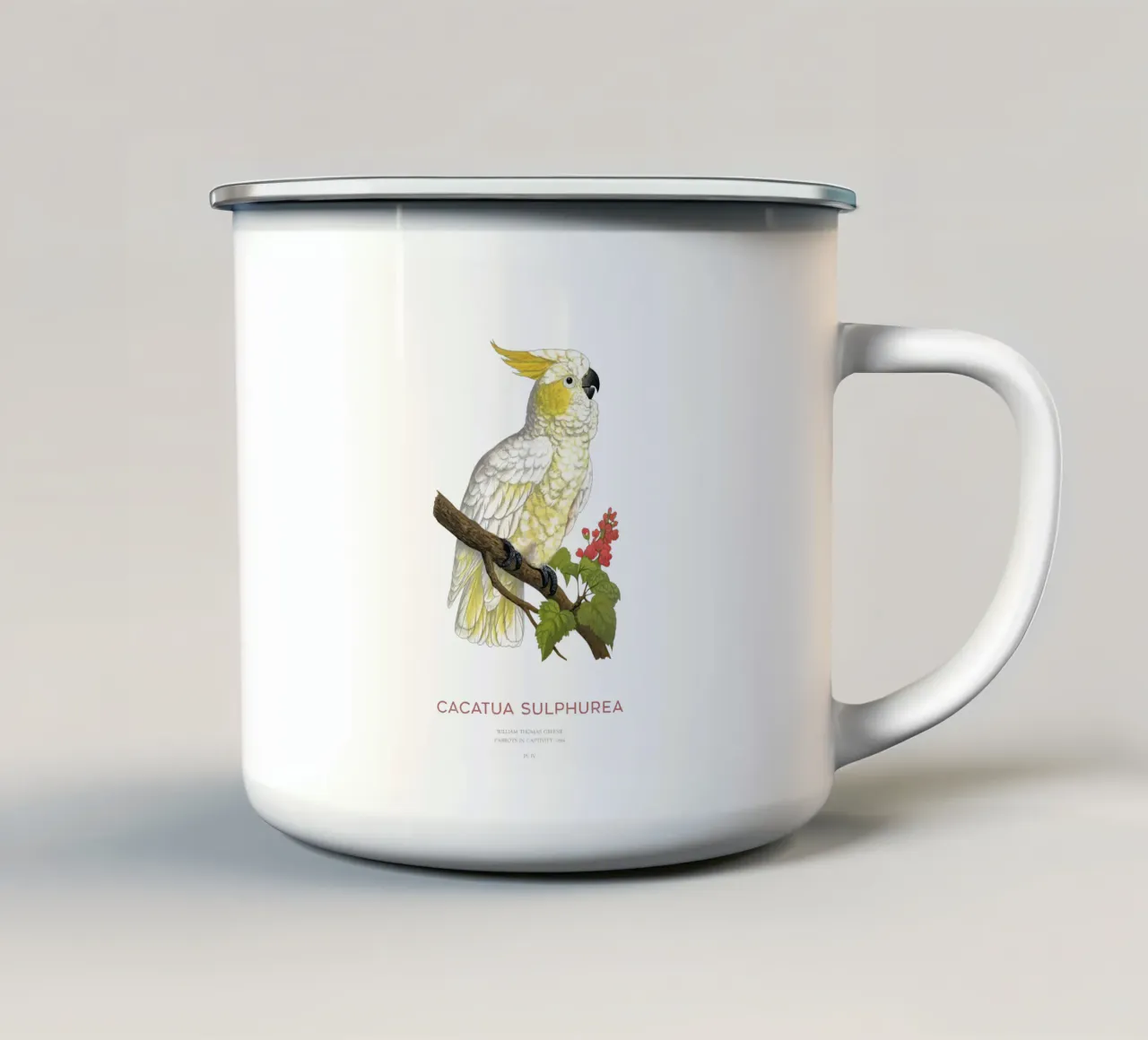Cacatua dal ciuffo giallo o Cacatua sulphurea tazza in smalto da Vintagrafica
