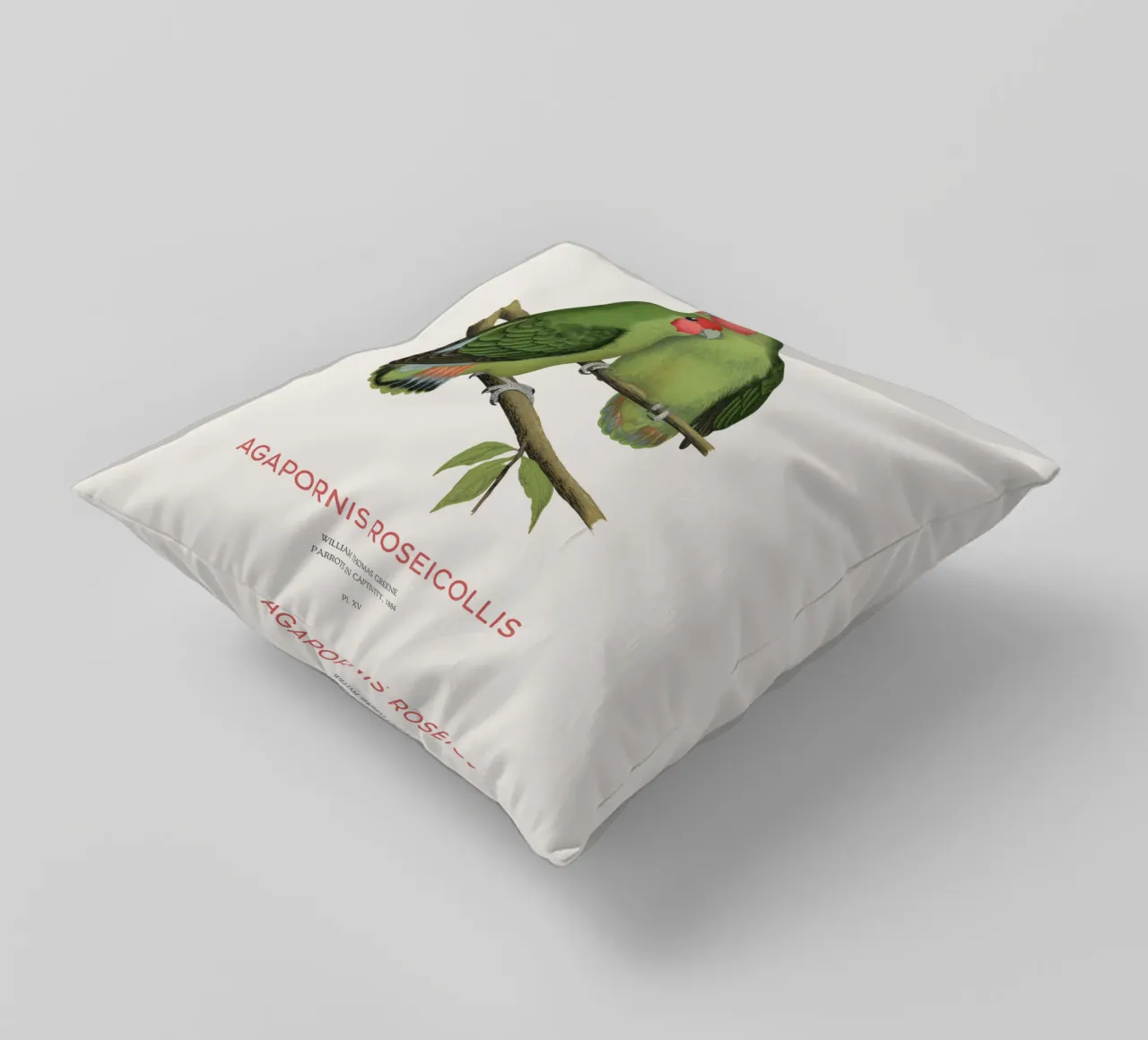 Perzikkleurige agapornis of Agapornis roseicollis kussen van Vintagrafica