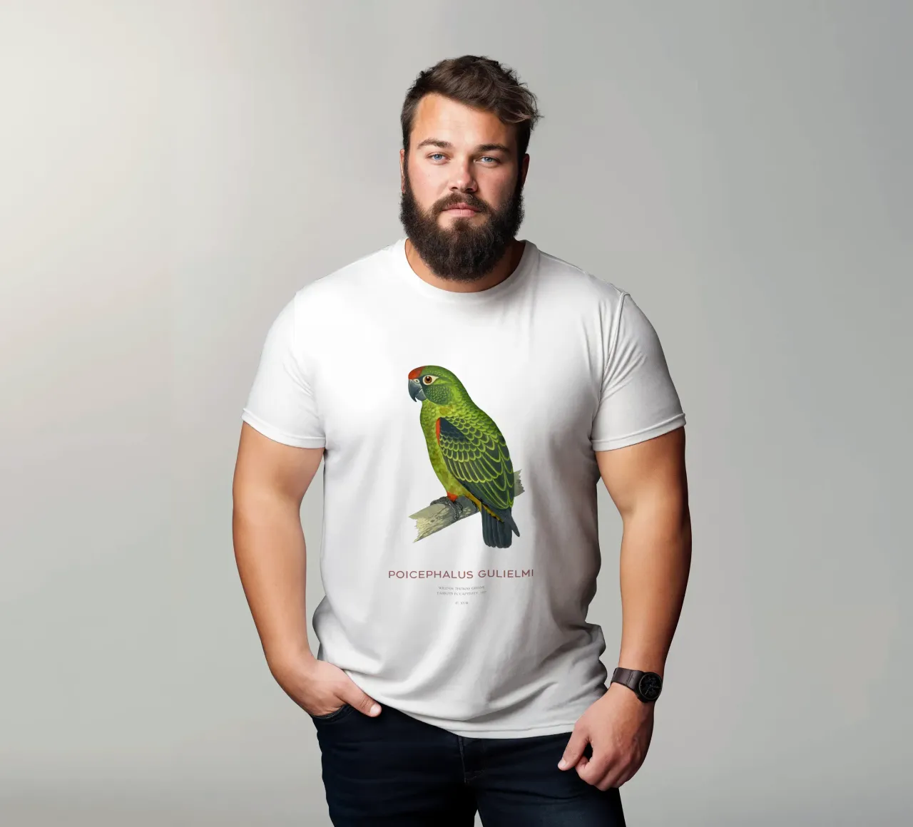 Pappagallo dalla fronte rossa o Poicephalus gulielmi t-shirt da Vintagrafica