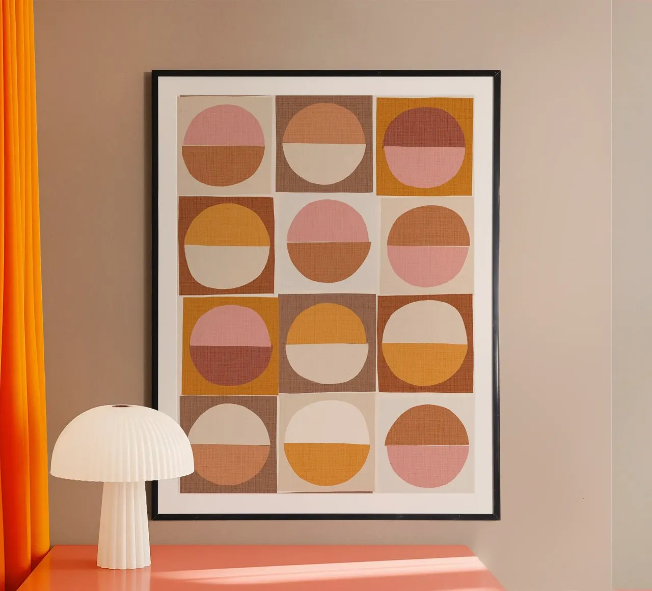 Retro Sun & Moon Collage Earthy Pastels poster with wooden frame by Dominique Vari